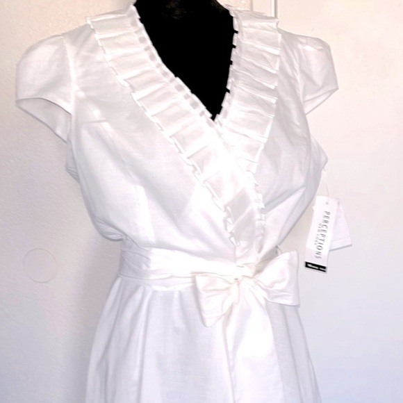 🌾 Perceptions New York Beautiful White Ruffle Belted Midi Dress - Picture 1 of 14